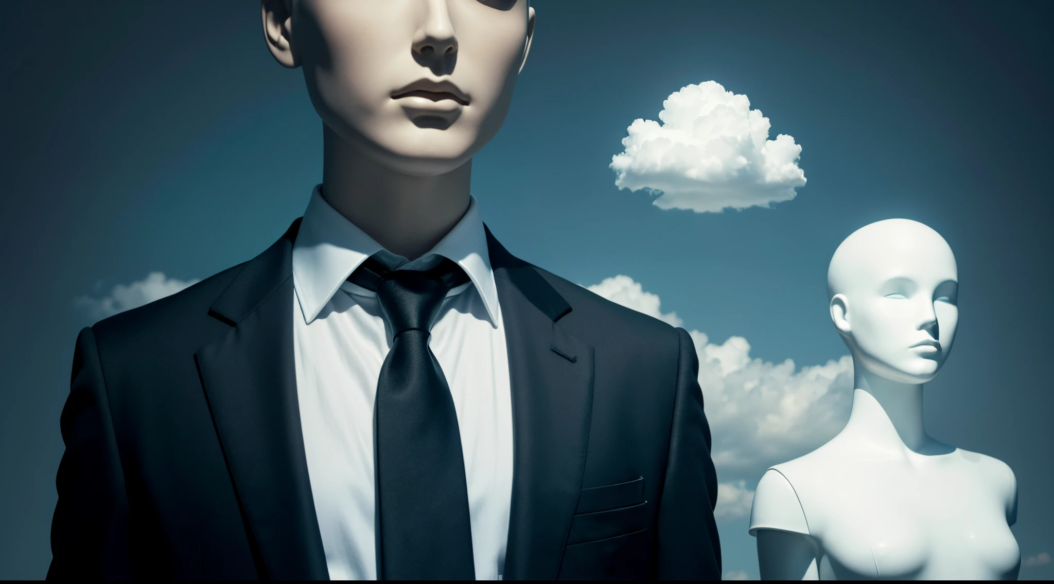 A mannequin without a head, wearing a black suit and a white shirt, and there is no head at all. The head is replaced by a small cloud that floats and is of an appropriate size with the suit, with a blue background