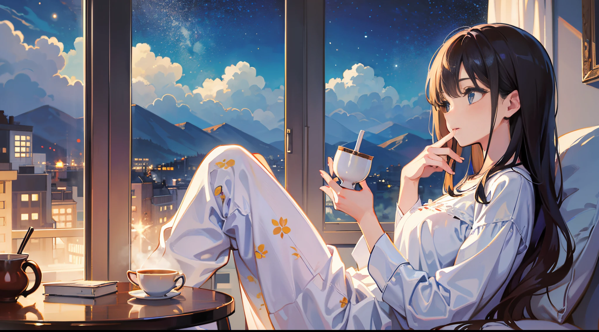 Artistic representation of a girl wearing pajamas, elegantly enjoying your coffee, cercada por uma atmosfera convidativa, beautifully portrayed through illustration. --auto --s2