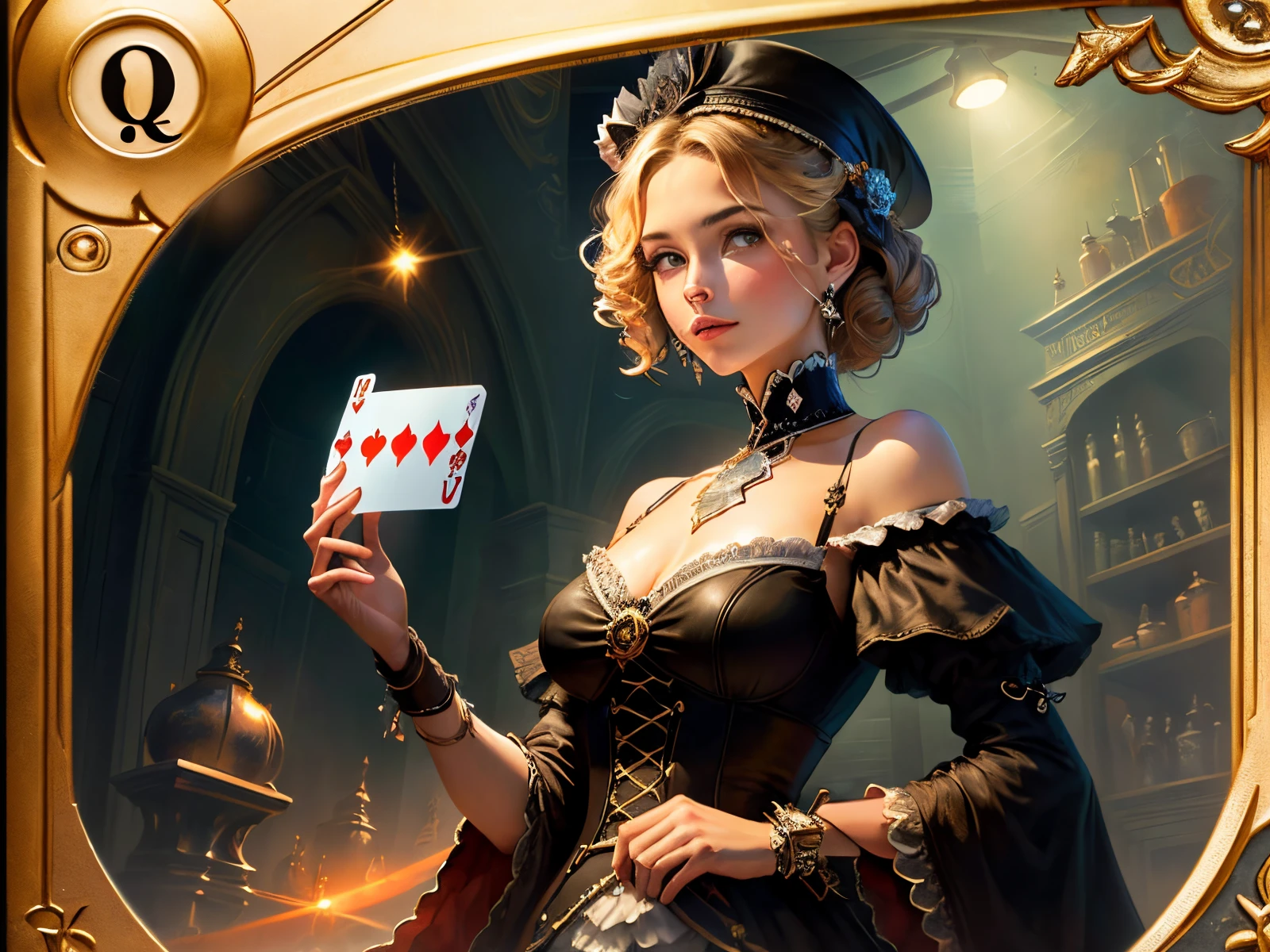 Em um luxuoso cassino, A stunning woman wears an exquisite dress adorned with heart symbols, embodying the royal presence of the Queen of Hearts. Rodeado por um pano de fundo de cartas de poker e fichas, She exudes confidence and seduction, convidando os jogadores a testar sua sorte e habilidades no jogo de azar.