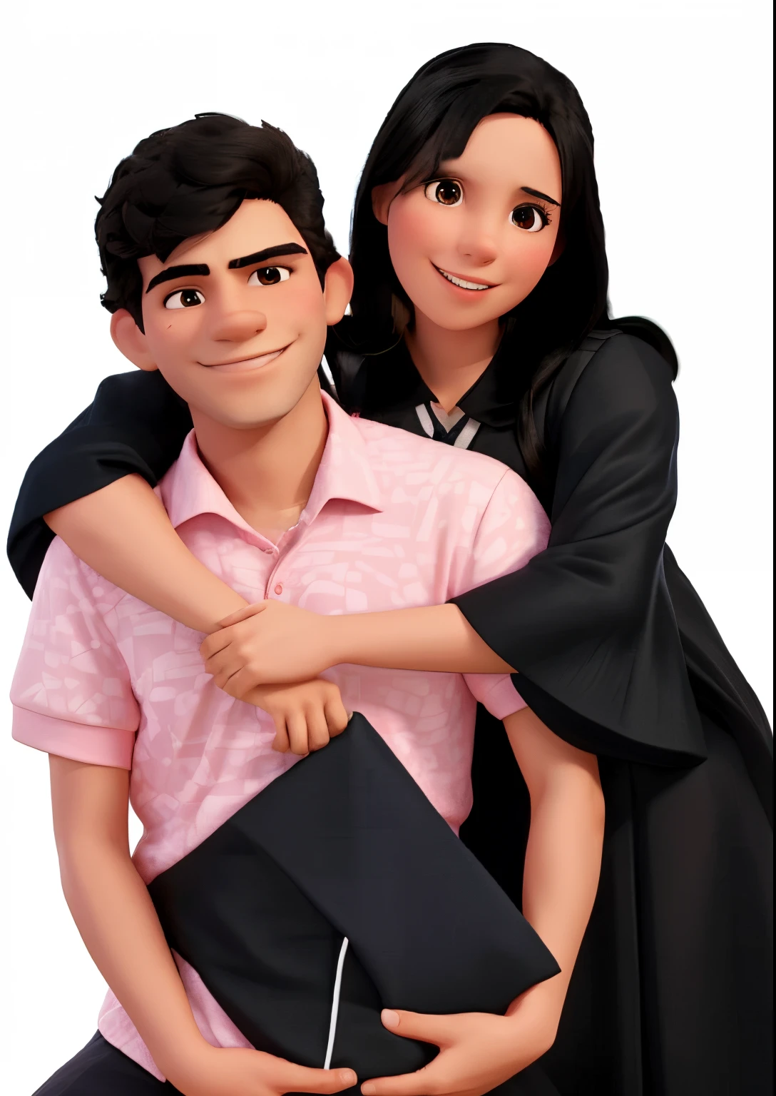 In a white background, a woman standing behind a seated man, hugging him with both hands. The man is wearing a pink polo, holds a graduation cap with both hands. The woman, wearing a black graduation gown, adds a celebratory touch. The man and woman has black hair. This Image is a Disney Animated style.