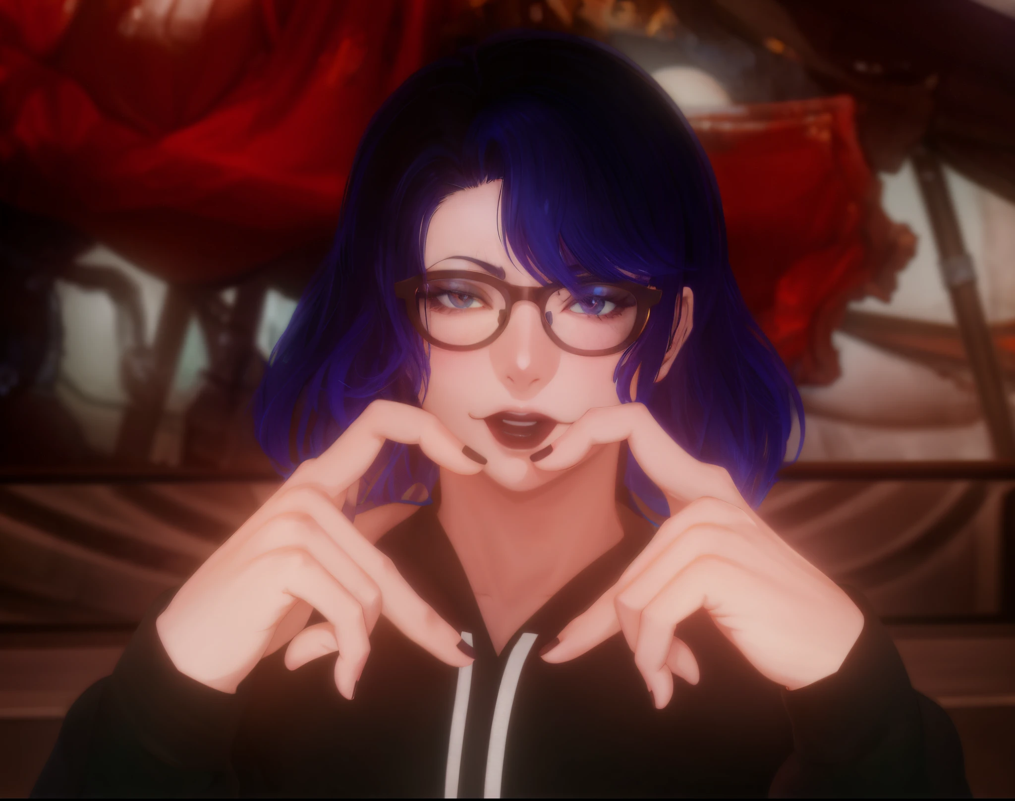 anime girl with blue hair and glasses making a heart sign, with index finger, 8k artgerm bokeh, holding a pudica pose, realistic artstyle, portrait of ((mischievous)), realism artstyle, semirealistic anime style, character portrait of me, semi - realistic render, anime realism style, [ 4 k photorealism ]!!