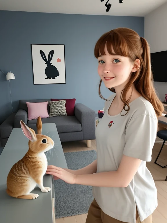 une jeune femme, Style Pixar, dans un appartement, avec 3 chats et un lapin.
