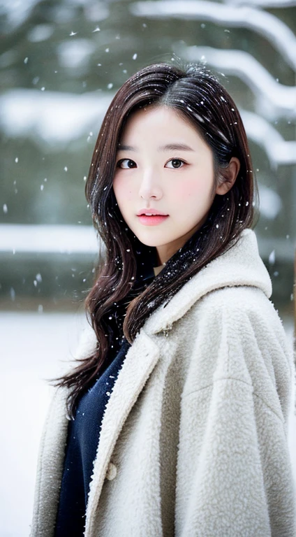 (1 Cute Korean Stars)Realistic photos of shoulder length hair、thin makeup、Medium breast size、Wearing a coat、in snow、Clear facial features、8K High Resolution、sharp and realistic details、From the outside、Eye level shots、f / 4.0、135mm、Fuji Film、jpegartifacts、dithering、UHD、masterpiece、Small lips
