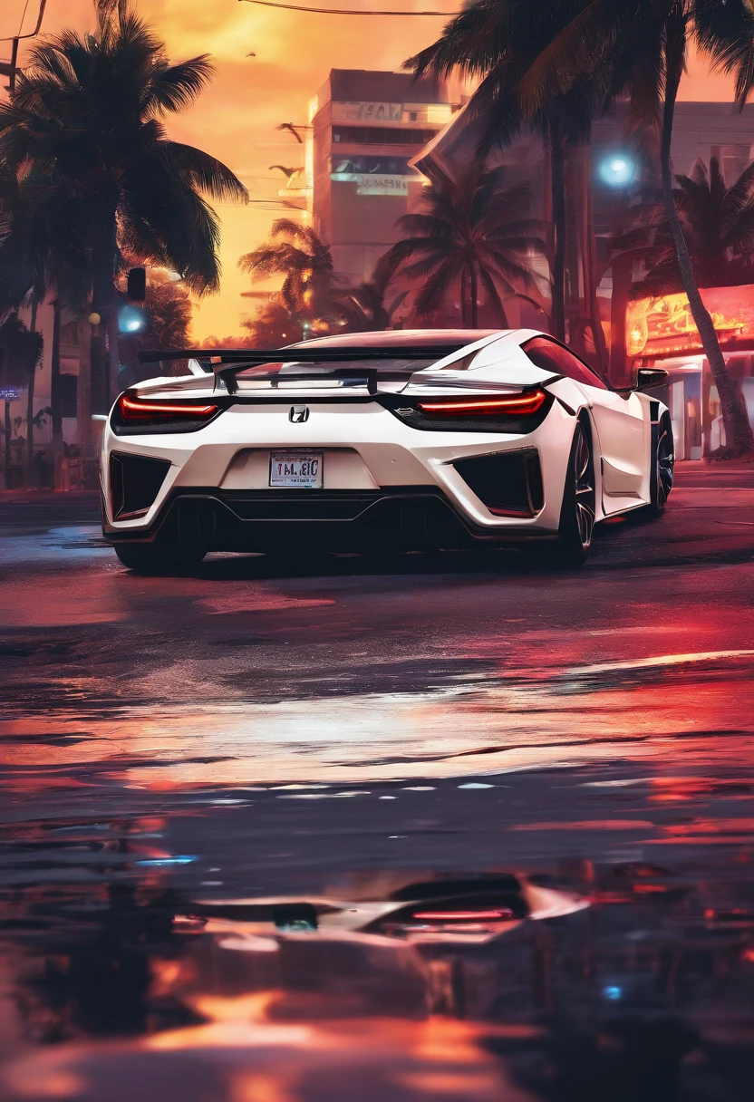 white Honda NSX in miami at sunset, rain, reflection, side profile, sunset, photography, 8k, realistic, shot on sony mirrorless camera, ultra detailed, photorealistic, 24mm lens, Lumen Global Lighting System Unreal Engine 5's fully dynamic global illumination and reflections system --v 4--v 4 Overall, the image should capture the essence of Grand Theft Auto 6's setting in modern-day Vice City, with a n Maxed Out Realistic Graphics Mod With Ray Tracing unreal engine 5 On RTX4090 Ultra Settings 4K60FPS, style of gta 6