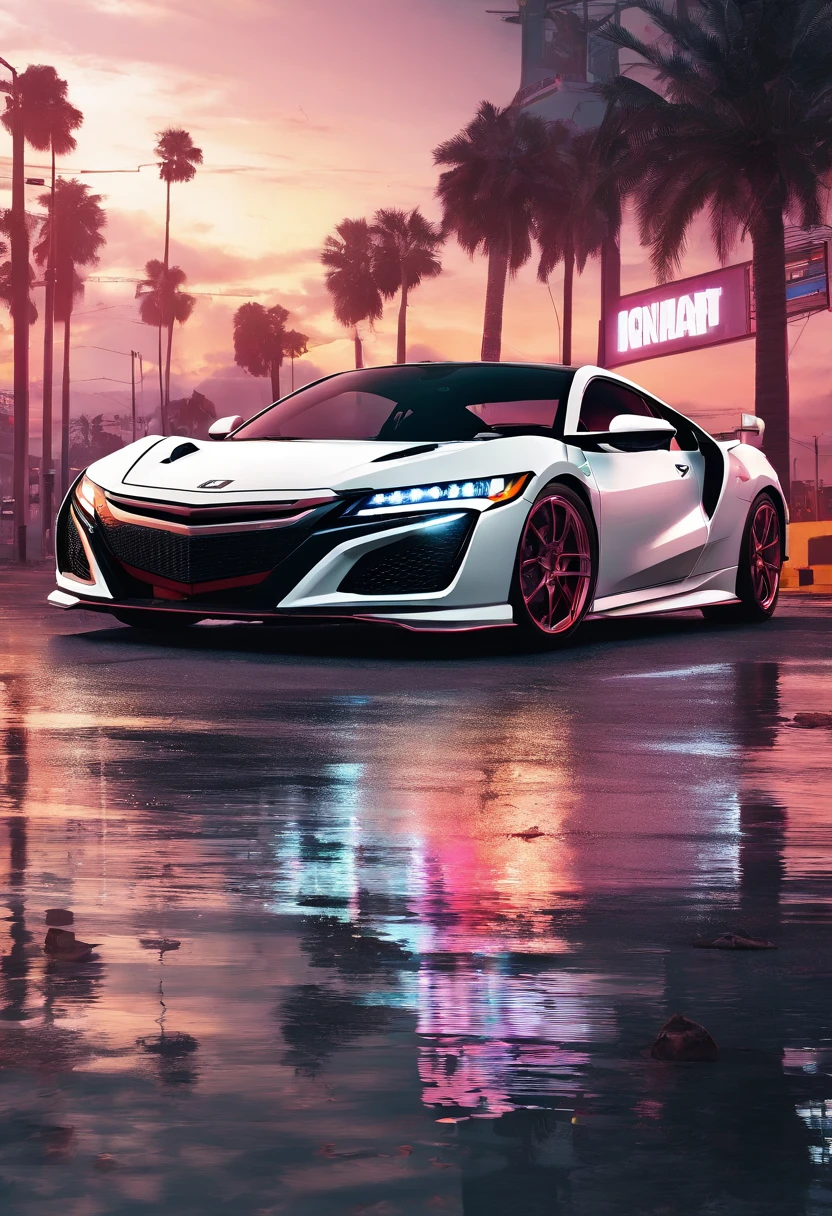 white Honda NSX in miami at sunset, rain, reflection, side profile, sunset, photography, 8k, realistic, shot on sony mirrorless camera, ultra detailed, photorealistic, 24mm lens, Lumen Global Lighting System Unreal Engine 5's fully dynamic global illumination and reflections system --v 4--v 4 Overall, the image should capture the essence of Grand Theft Auto 6's setting in modern-day Vice City, with a n Maxed Out Realistic Graphics Mod With Ray Tracing unreal engine 5 On RTX4090 Ultra Settings 4K60FPS, style of gta 6