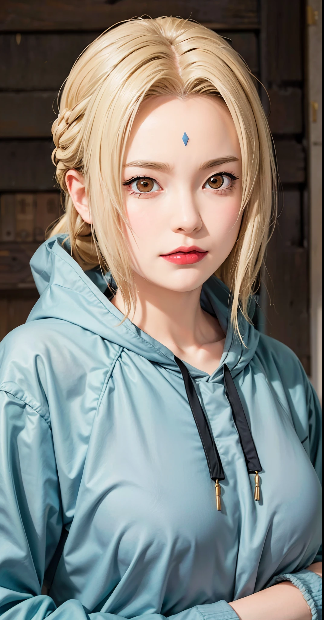 (huge tits), cleavage, good anatomy, masterpiece, best quality, 4k, 8k, professional photography, soft light, sharp focus, 1 girl, blonde hair, kimono, (mountai), clouds, blonde hair, parted banks, detailed face+brown eyes, smile, closed lips, lipstick, bookshelves, windows,realistic, Tsunade in anime (Naruto),qualiti detail higt ,HDR photos
