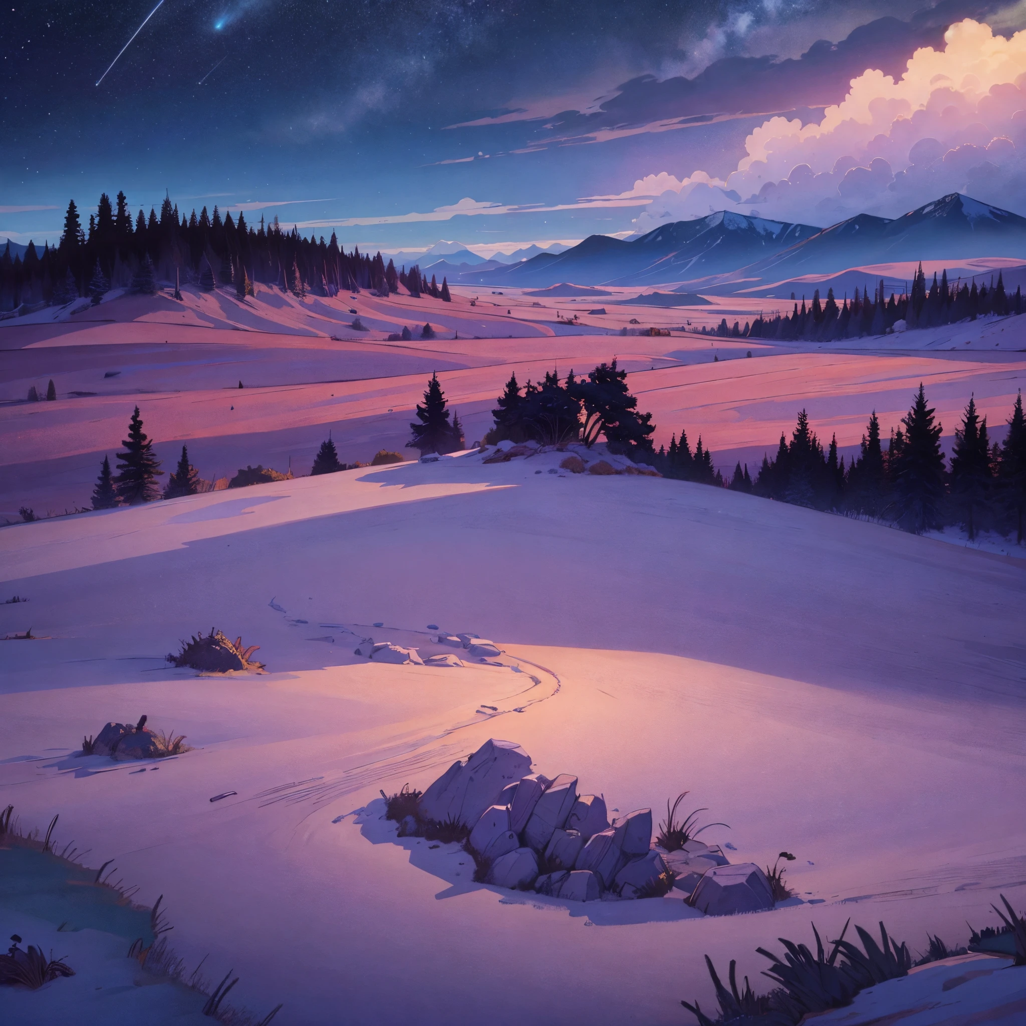 nature scene, night time, purple, blue, grassland, hills, no roads, no buildings, no houses, no people, clouds. stars, trees, winter, open plains, view from top of hill