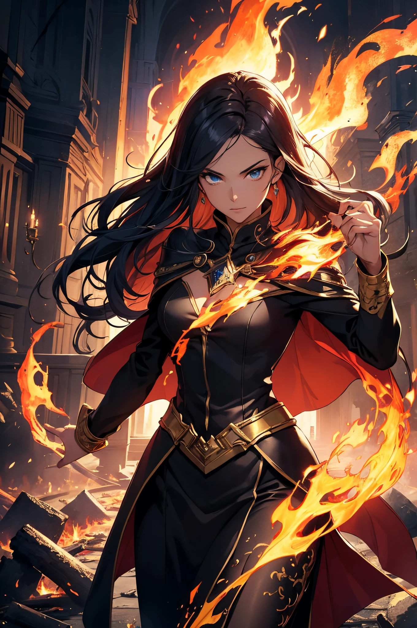 (premier quality, Top image quality, Masterpiece) 1 femme aux longs cheveux noirs et aux yeux bleus debout dans le feu, Surrounded by flames, Pose de combat, utiliser sa magie du feu,, Golden bracelets, Cape de magicien noir, burning fire, cassé batiment fondant, Couverture du livre