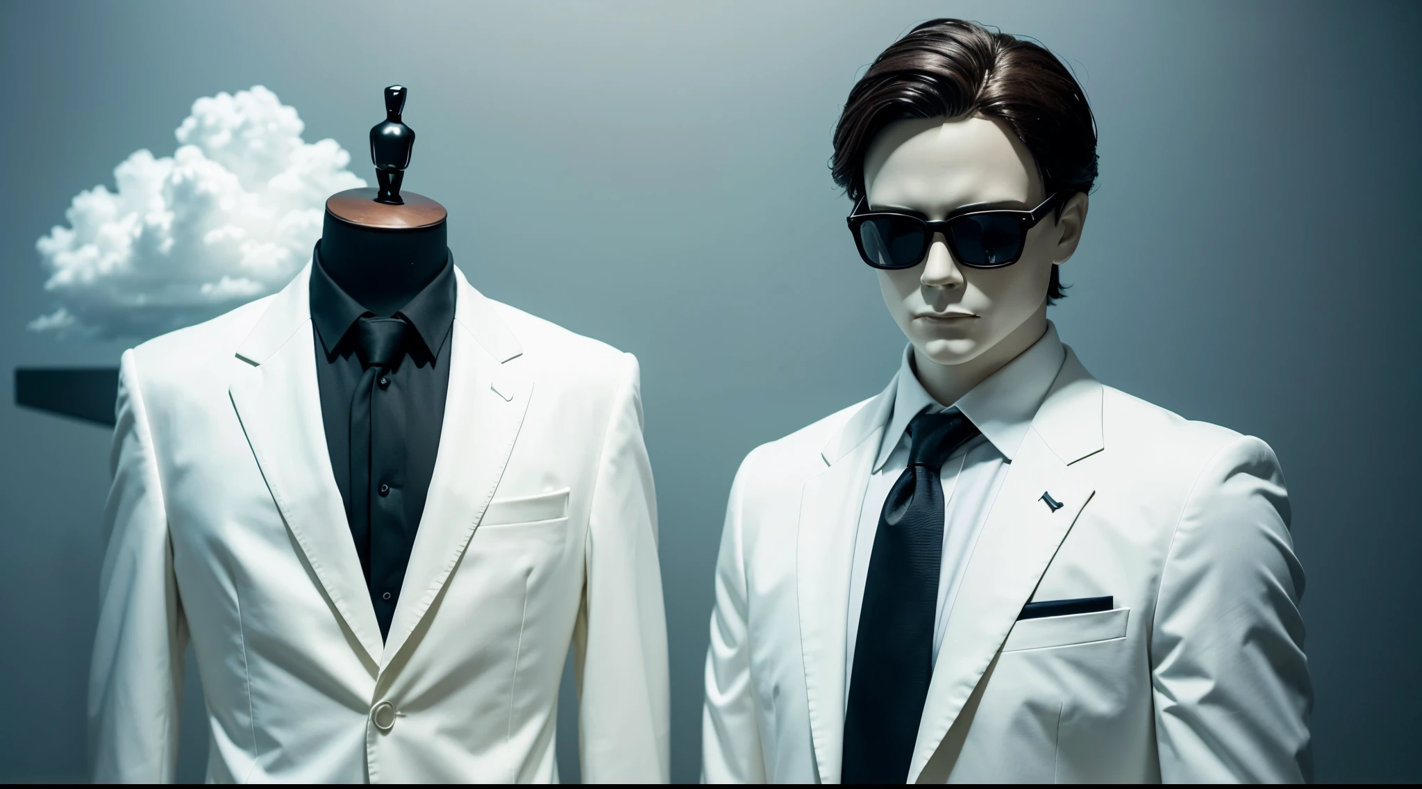 A mannequin without a head, wearing a black suit and a white shirt, and there is no head at all. The head is replaced by a small cloud that floats and is of an appropriate size with the suit, with a blue background