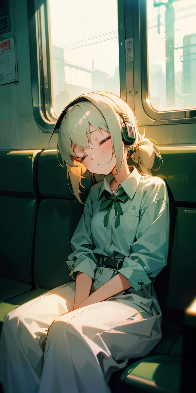 girl inside a train, eyes closed, arms crossed, sleeping, lofi style, sitting, white big sized shirt, looking at the window view, green tied pony hair, breakdomain, headphone listening to music, nice shot ose,Neon Light,
