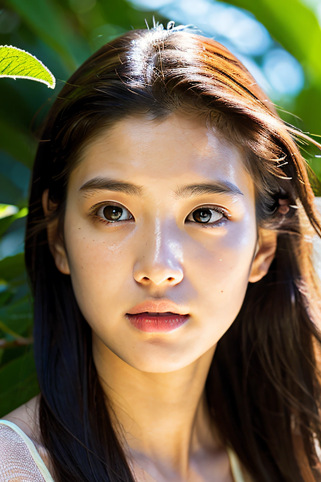 {top-quality}, {{masterpiece}}, {extremely delicate and beautiful},Outstanding light and shadow, highly detailed wallpaper,Clear and bright sunlight,1girl in,lightly dressed、Wandering gaze,red blush,Strong sunshine,delicate and messy hair,realistic skin textures, Pronounced pores and skin wrinkles,tropical rainforest,((strong light shines on the face)), The upper part of the body