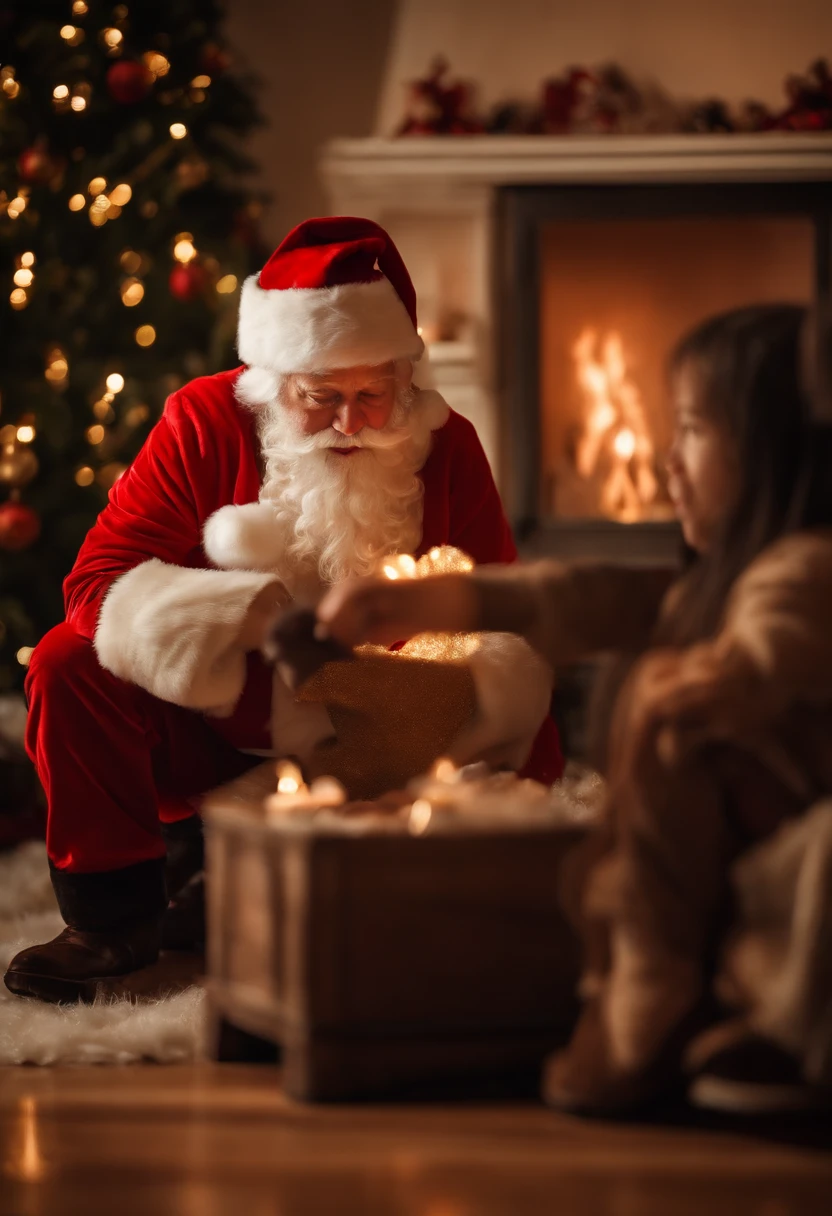 Santa Claus coming out of the unlit fireplace、But、It was so small that my body got caught in it.。The family is pulling out Santa Claus。