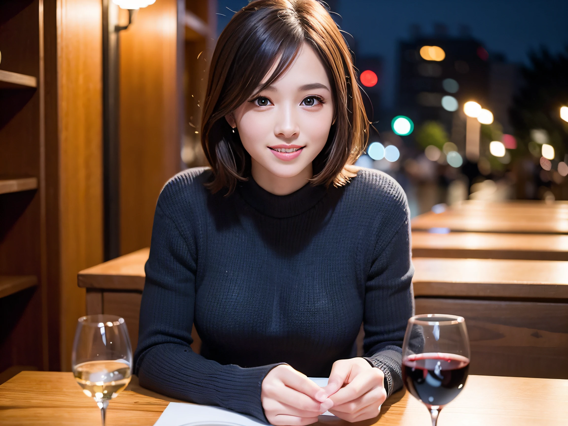 (64k uhd、nffsw、top-quality、​masterpiece:1.2)、(realisitic、Photorealsitic:1.37)、ultra-detailliert、1 pretty lady、(Slim Faces)、(Slim body)、（brawn hair）、(short-cut)、Americana、blush a little on the cheeks、(52yo)、49 years old、red wine、Beautiful detailed urban night view outside the window、resturant、Wine glasses in a prominent place、natta、(from waist up)、sitting on、date、(A smile:1.15)、Beautiful fine eyes、The upper part of the body、bustup、Cashmere sweater、long-sleeved dresses、japanes、(short-hair:1.2)、Float NovaFrogStyle、女優、modeled、from waist up、white wine、Slimed、wine glasses、Super beautiful night view、Put the wine glass in the middle、Happy smile、(8K、Raw photography、top-quality、​masterpiece:1.2)、(realisitic、Photorealsitic:1.37)、ultra-detailliert、超A high resolution、2 females、see the beholder、beautifull detailed face、A smile、Constriction、(Slim waist) :1.3)、knit shirt、Beautiful detailed skin、Skin Texture、floated hair、profetional lighting、middlebreasts、eyes gentle