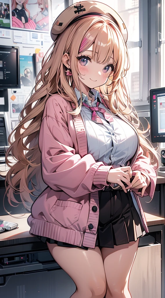 anime illustrated、Moe、pink blonde long hair、Beige cardigan with closed buttons、a miniskirt、Wear a brown beret、terrier ear girl、youtuber、painter、Room with live streaming facilities、Anatomically correct human body、Archaic Smile、Sit in front of your computer、thick thighs、Plump body、doing live streaming