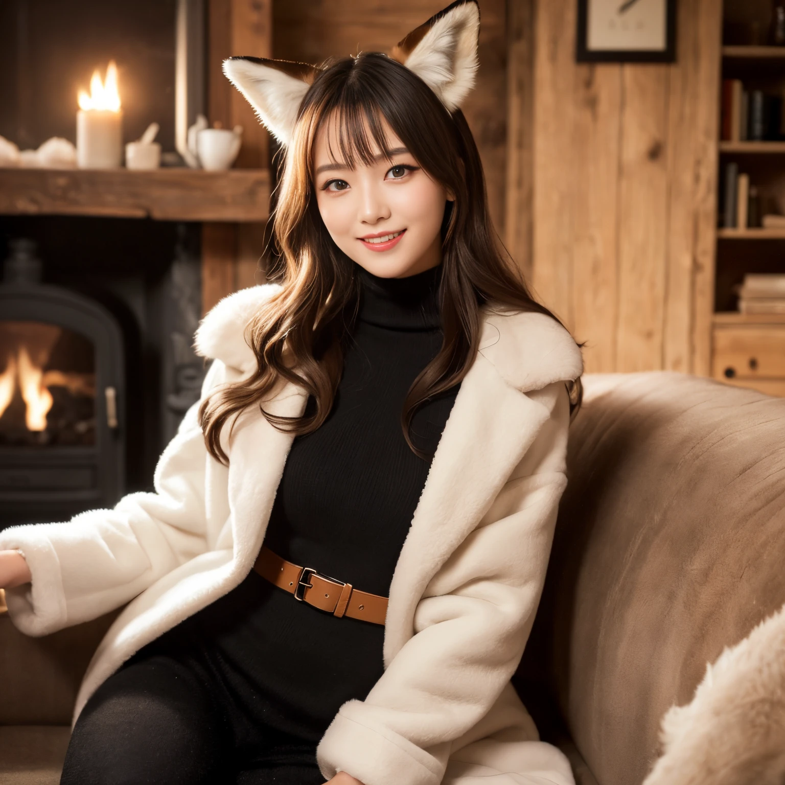 (top-quality、masutepiece、in 8K、Top image quality)、Mine Makeup、Perfect makeup、Blue eyes、girl with fox ears、Smile、a blond、Brown hair、Long Wave Hair、photo of her from the waist up、Look at me and smile、In the background is a cozy small mountain hut.、1 old fireplace、Warm gentle lighting、((very rich fur、far coat、lots of fox fur、Fur carpet、Large amount of fur with very realistic texture、Fluffy fur))