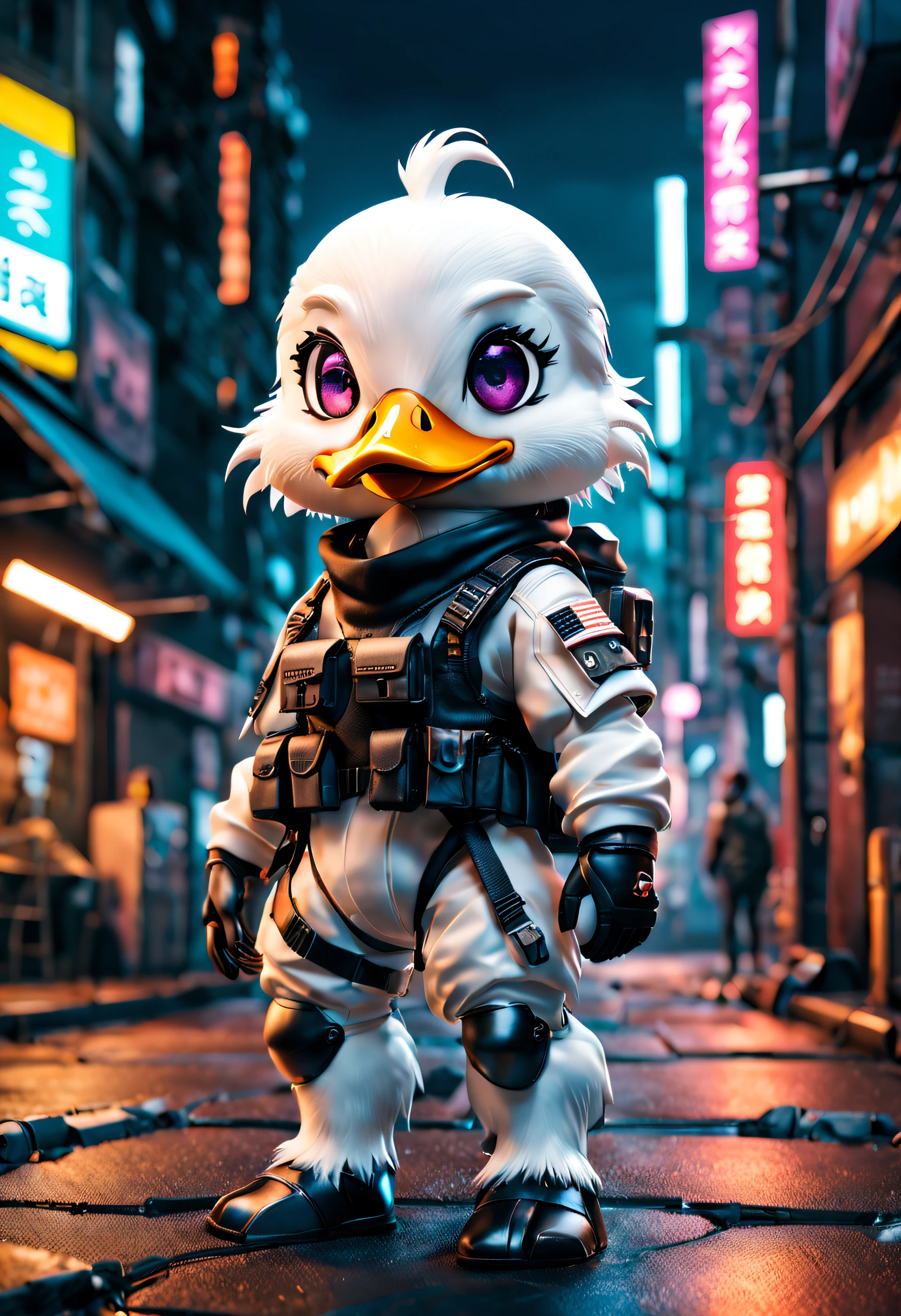 full body Esbian、cool male white duck 、pop male white duck、Cute、Deformed animals、diorama、symple background、Neon City、cyberpunked、Overall、cyberpunk soldier、Mira、goggles、​masterpiece, Best Quality, Capture super cute moments, depth of fields, ultra-detailliert, Ultra High Resolution, Octadale, 8K, 16 K