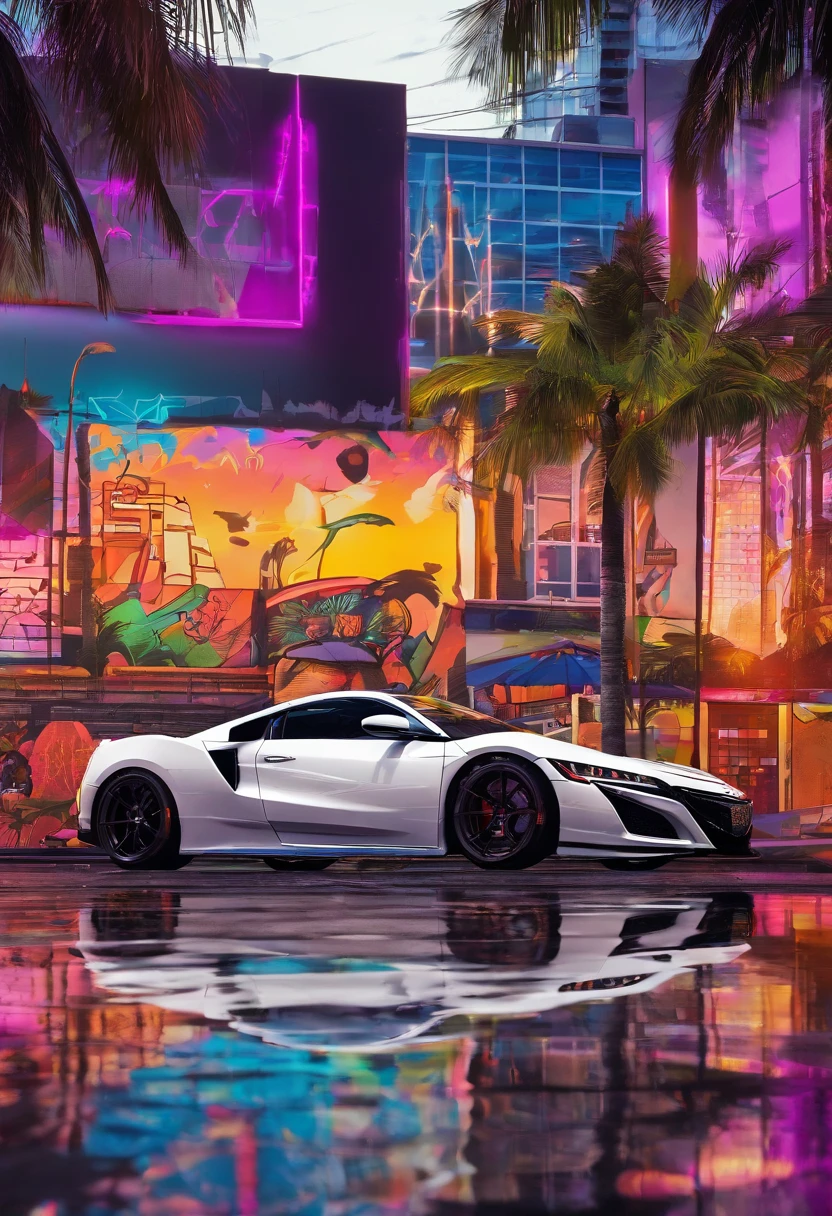 white 90's Honda NSX in miami at sunset, rain, reflection, side profile, sunset, photography, 8k, realistic, shot on sony mirrorless camera, ultra detailed, photorealistic, 24mm lens,  Lumen Global Lighting System Unreal Engine 5's fully dynamic global illumination and reflections system --v 4--v 4 Overall, the image should capture the essence of Grand Theft Auto 6's setting in modern-day Vice City, with a n Maxed Out Realistic Graphics Mod With Ray Tracing unreal engine 5 On RTX4090 Ultra Settings 4K60FPS, style of gta 6, anti aliasing