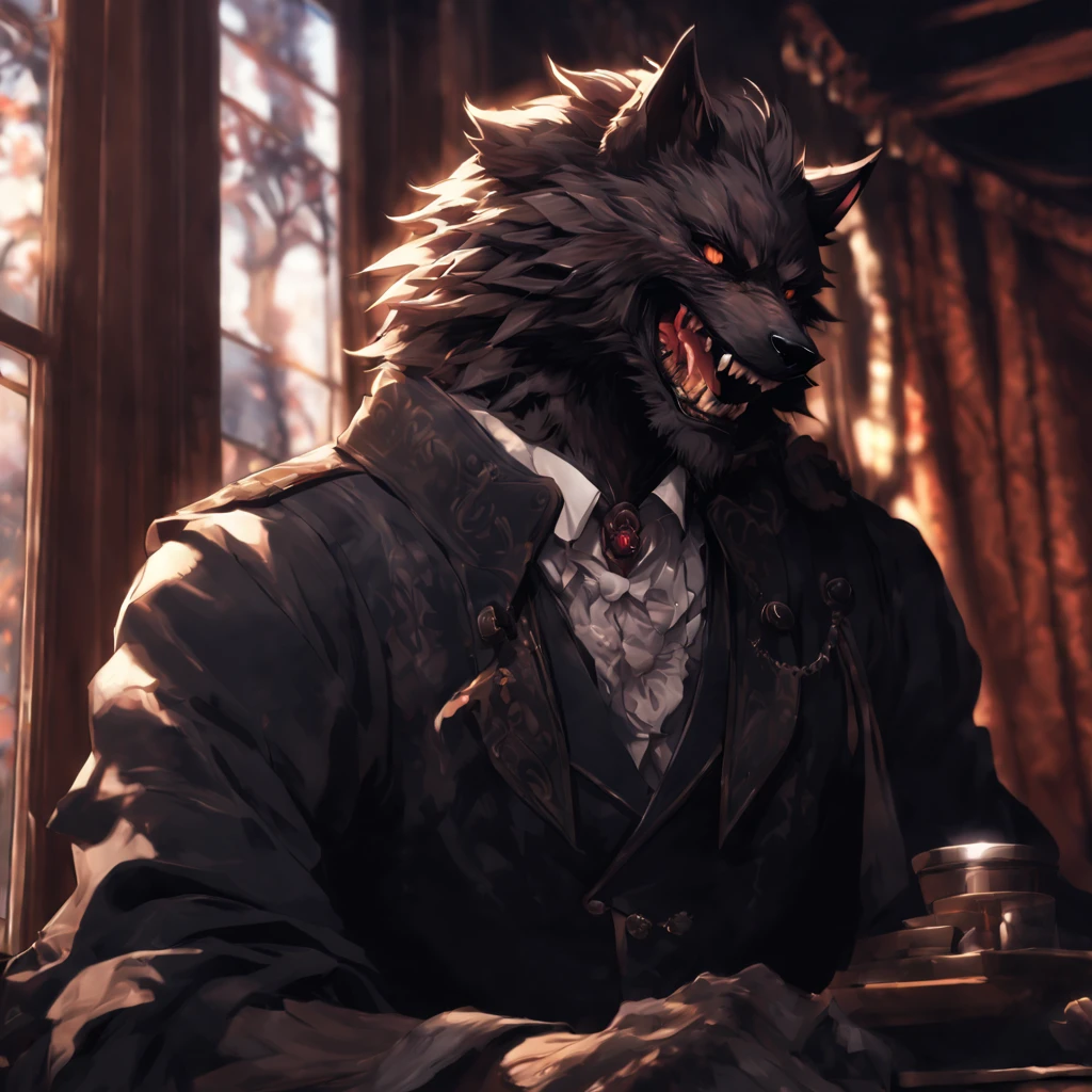 (higher resolution, distinct_image) The best quality, a man, Black werewolf, masterpiece, highly detailed, anime style, nekojishi style, arknights, 70 years old, beautiful, old, handsome, medieval clothing, collar on neck, interior, window, wake up, morning, blush, smiling