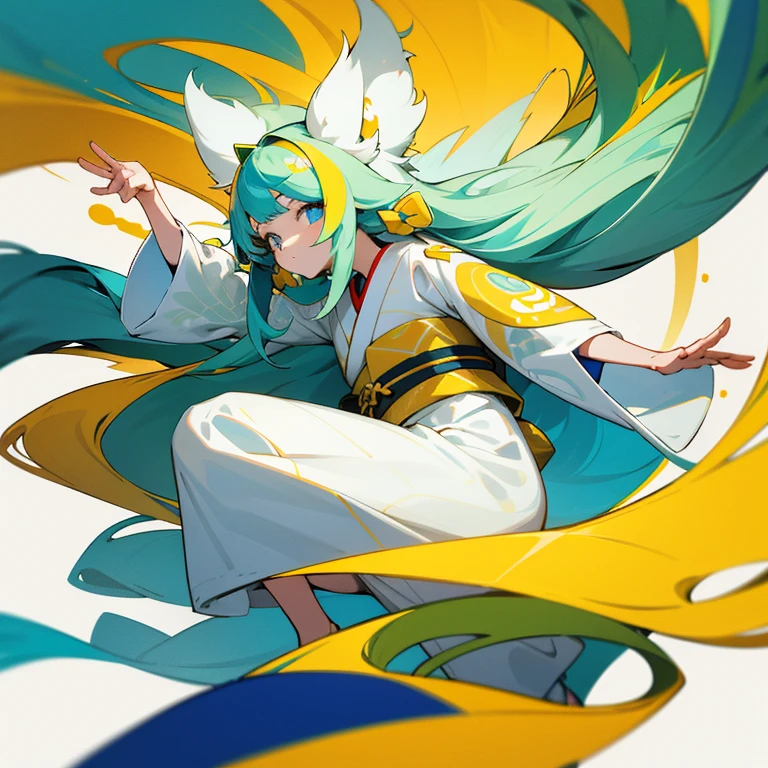 1girl, 独奏, length hair, O cabelo multicolorido,A teenager with long golden hair wearing a white colorful patterned kimono,Dynamic Pose,Simple isolated on white background,in sticker style,Contrasty, Look at viewers,blue eyess,bangss,striated hair,Yellow-green hair