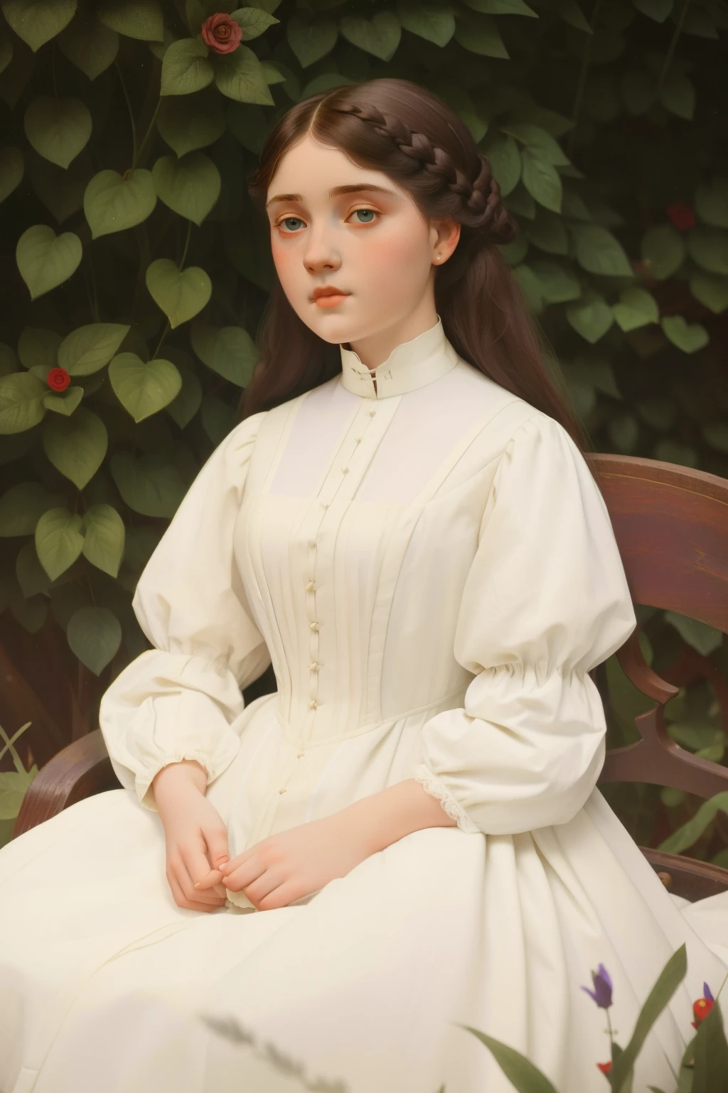 1885, england. Pre-raphaelite -yeld gi pale, black hair, violet eyes, doll-faced, boarding school gardens, ((((1880s clothes, white dress)))), ((1880s hairstyle))