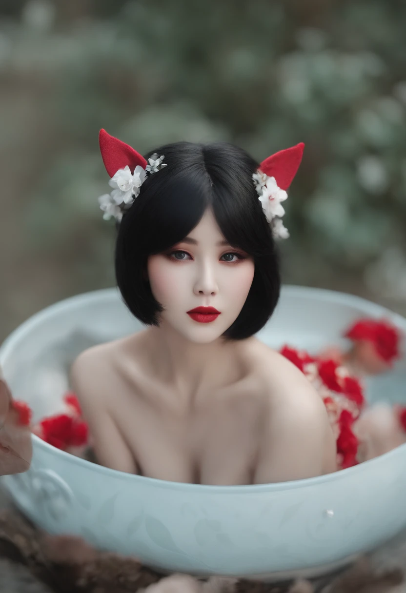 black hair, hair bobbles, wince, longeyelashes, solid circle eyes, fake animal ears, light smile, ear blush, fang, Surrealism, drop shadow, anaglyph, stereogram, tachi-e, pov, atmospheric perspective, super detail, ccurate, best quality