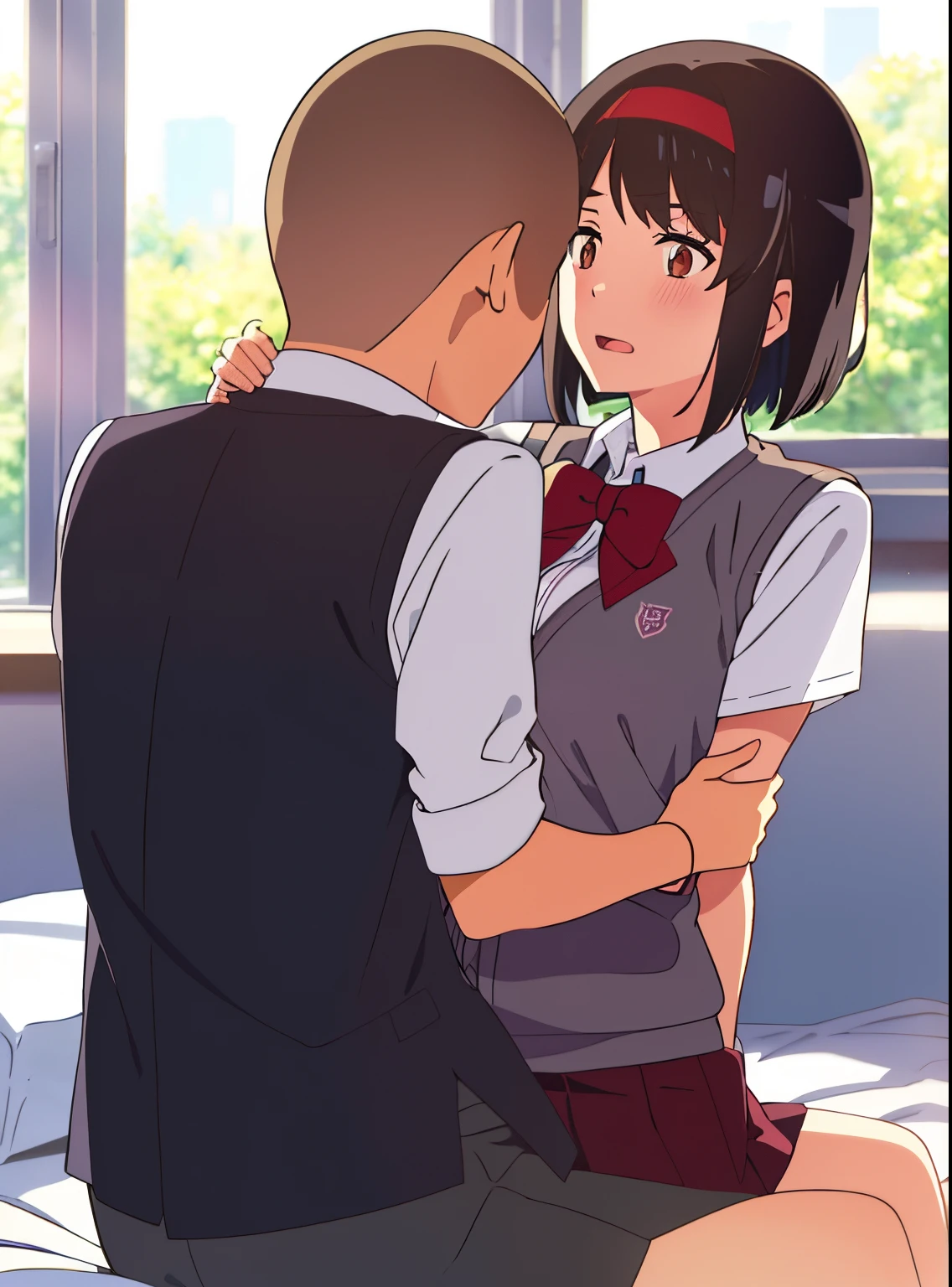 masterpiece:1.6, best quality), finely detailed beautiful eyes: 1.2), colorful, shinkai makoto, kimi no na wa., 1boy, buzzcut, muscular, brown eyes, school uniform, boy caressing girl's body, breast groping, breast grope, hold breast,1girl, bangs, black hair, blush, bow, open eyes, collared shirt, headband, red bow, red headband, red ribbon, school uniform, shirt, short hair, sweater vest, vest, white shirt, yellow sweater vest, yellow vest, short skirt, long sleeves, puffy sleeves, red neckerchief, indoors, sit, sitting on bed , bed,bedroom, lamp, cowboy shot, face to face