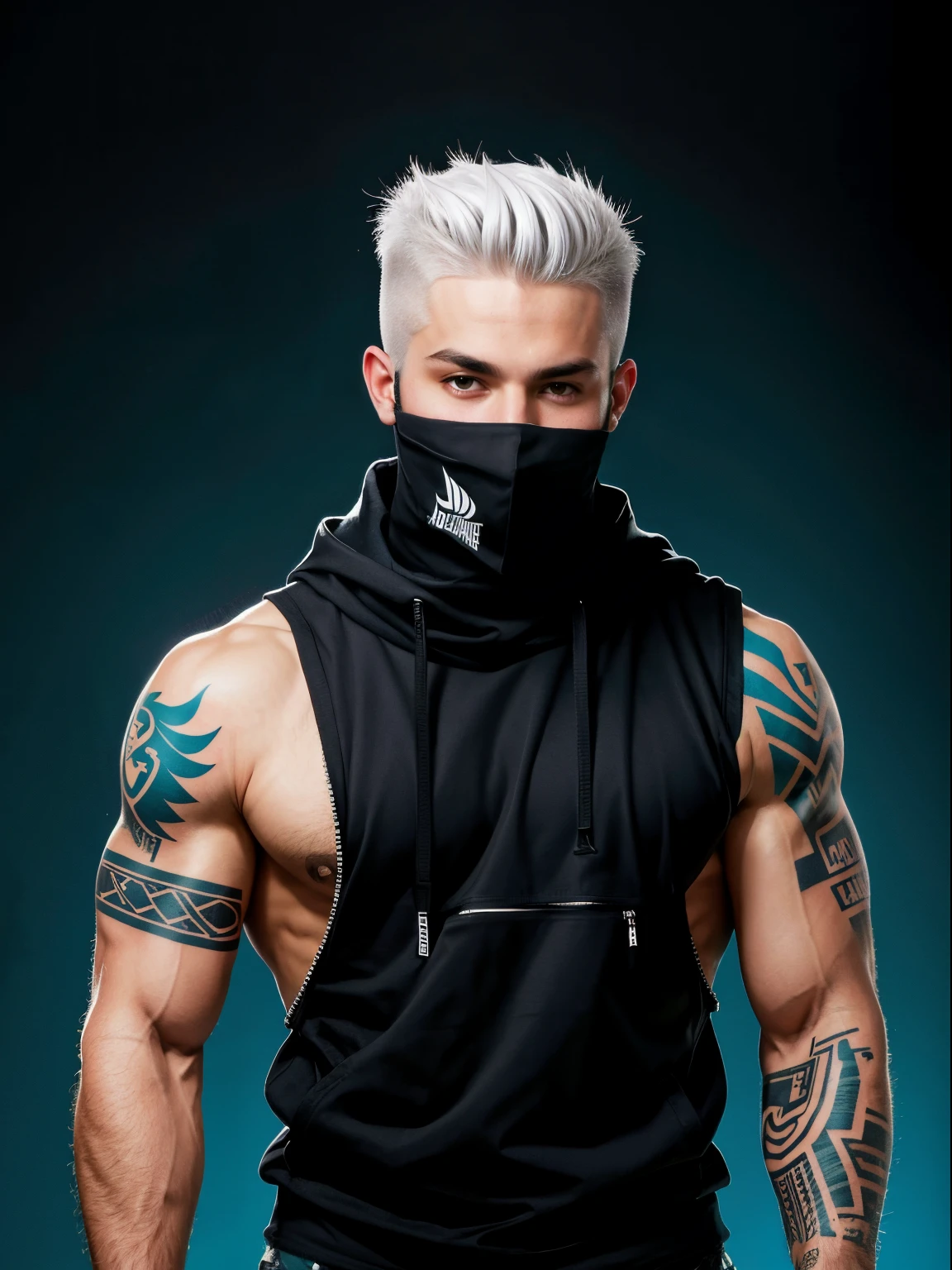 solid color backdrop,One person wearing a ski mask(without a hat!!!),Handsome,rogue,Sense of oppression,Full body photo,Don't take a headshot,Punk head,Hair color is white,upper body bare,tattoo is,Muscular,Rule 34