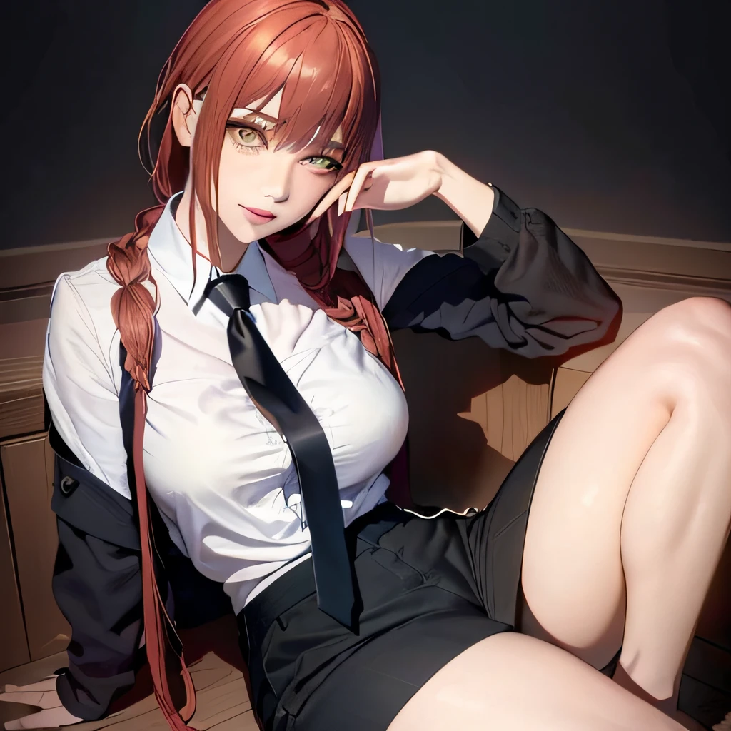 (View from the right) Woman sitting with one leg bent and foot resting on opposite thigh, Cross your arms over your chest, (shirt, Tie, overalls:0.5) (detailed realistic face), (((hyperdetailed))), zoomout, symmetrical face, detailed pupil, expressive eyes, makeups, Real Pictures, modern look, Real Pictures (Realisitc:1.5)