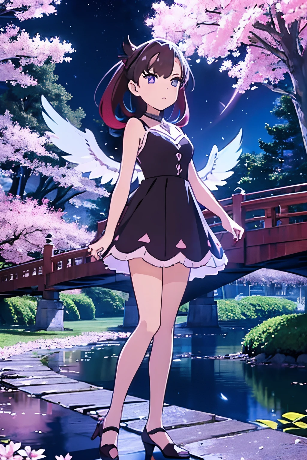 (masterpiece, best quality: 1.2), 1girl, solo, anime art, magic circle, red hair, long hair, finely detailed eyes, serious expression, sweat, dress with ruffles, purple color scheme, high heels, white gloves, heart shaped necklace, tiara, flying birds, forest, angel wings, scales, sharp claws, pointed tail, sakura trees, moonlight filtering through leaves, fallen leaves,  shrubs, sakura flowers, flying flowers, river, bridge, night clouds, starry sky, windy, rustling leaves, anime style