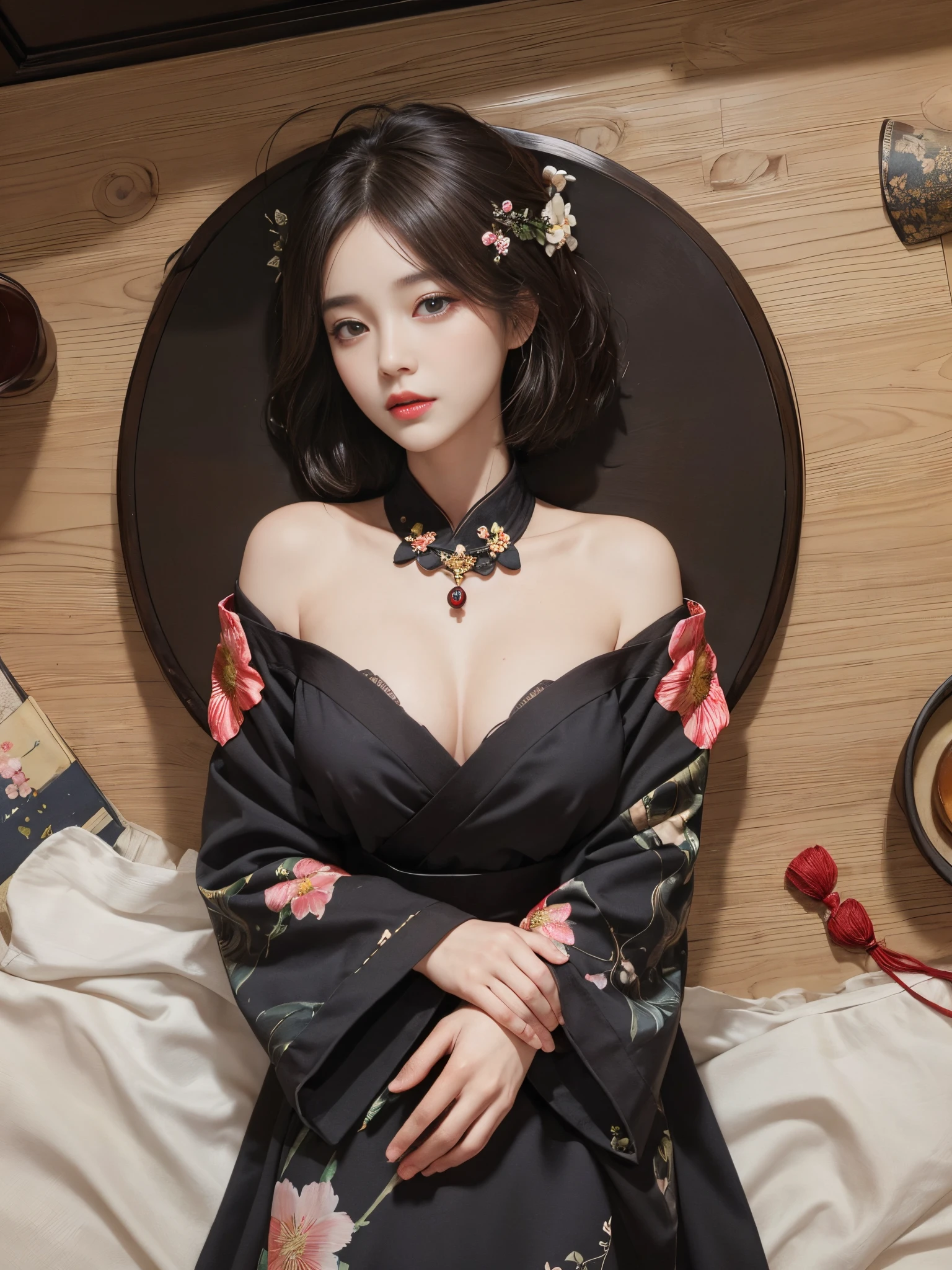 (Hanfu),(Floral:1.3), DEEP-V COLLAR, slender leg, (longer sleeves),1 girl,full bodyesbian,(short detailed hair:1.1), (actual:1.7),((Best quality at best)),absurd res,(超高分辨率),(realisticlying:1.6),realisticlying,octaneratingrendering,(Hyper-realistic:1.2), (photorealiscic face:1.2), (8K), (4K), (tmasterpiece),(realistic skin textures), (illustratio, 电影灯光,the wallpaper),( pretty eyes:1.2),((((s the perfect face)))),(cute big breasts),(Permanent),(brunette color hair),黑The eye,Redlip, Indoors, Lie flat on the bed, chinese ornaments, wooden chinese table, ((Satellite view, Bird's eye view))