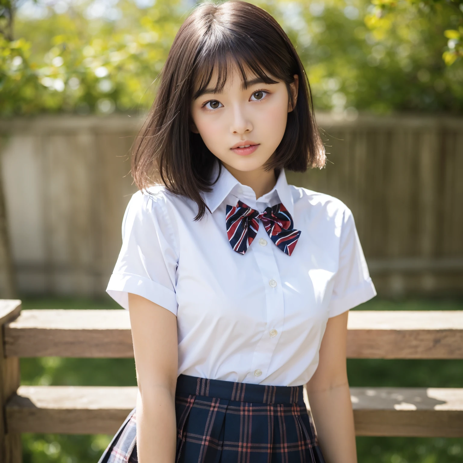 (8k, RAW photo, highest quality, masterpiece: 1.2), (realistic, photorealistic: 1.4), hyperrealism, (masterpiece), (high resolution), (ultra detail), (best shadow), realistic shadows, ultra high resolution, (detail face: 1.4), perfect skin, realistic skin texture, detailed skin texture, depth of field, natural blur, lens flare, (soft saturation: 1.3), Professional portrait photography, Japan beautiful female idol, cute, young, quiet girl, (), baby face, flips, round face, black hair, dull bangs, fluffy short hair, beautiful eyes, good looking, beautiful face, (fair skin: 1.4, soft skin), without makeup, loneliness, (plump), uniform, knee-length skirt, plaid skirt, pleated skirt, short sleeves, bow tie, (white shirt:1.4), Cute white bra, upper body, in the girl's room