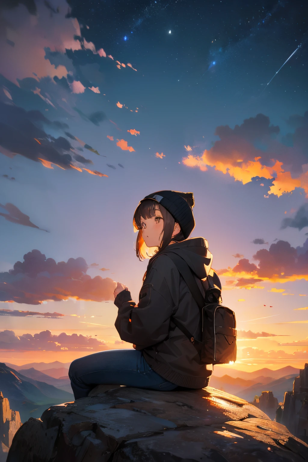 top-quality、masuter piece、ultra-detailliert、8k、独奏、(((Girl sitting on a huge rock looking at the sky、up looking_Away:1.2、Looking at the sky)))、from behind、Beanie、Greyprint Hoodie、Straight Old Denim、damage jeans、Trekking Shoes、backpacker、evening、Sunset、blurry backround:1.5、plein air、Mountains of the Andes々々々々々、Orange sky、Scaly clouds