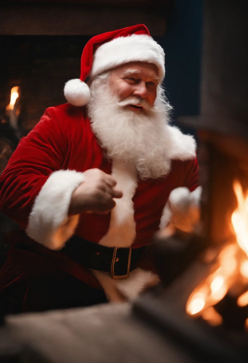 Santa Claus climbing down the chimney of a narrow fireplace、A fire was lit in the fireplace, so I panicked and called for help.。