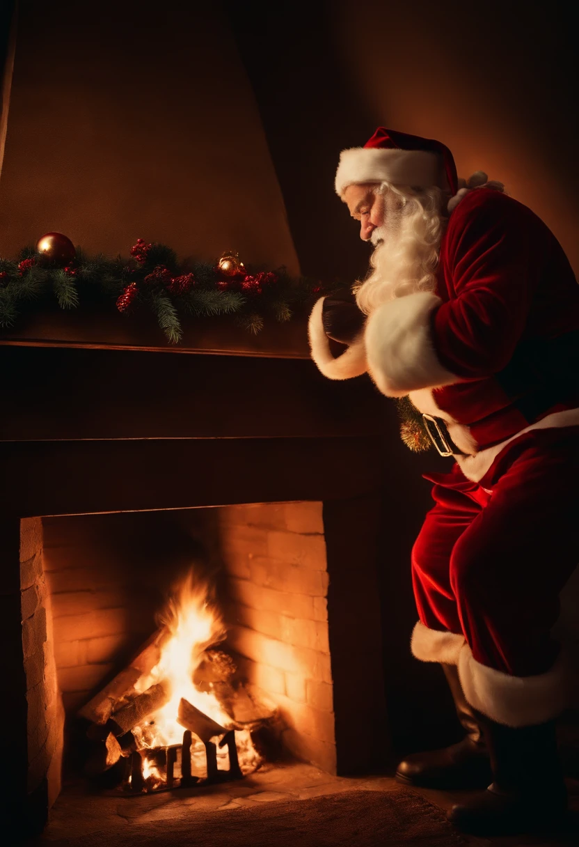 Santa Claus climbing down the chimney of a narrow fireplace、A fire was lit in the fireplace, so I panicked and called for help.。