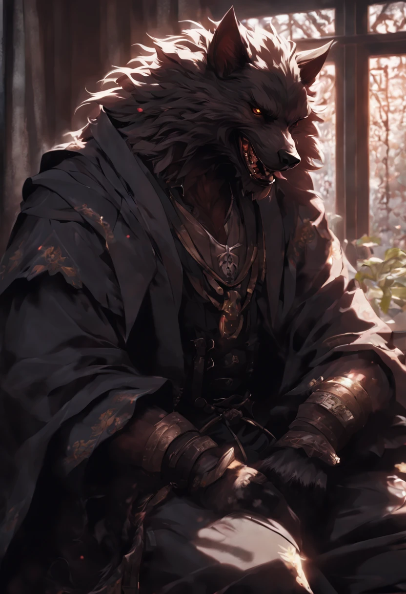 (higher resolution, distinct_image) The best quality, a man, Black werewolf, masterpiece, highly detailed, anime style, nekojishi style, arknights, 70 years old, beautiful, old, handsome, full body, medieval clothing, collar on neck, interior, window, wake up, morning, blush, smiling