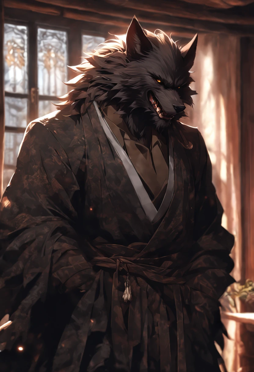 (higher resolution, distinct_image) The best quality, a man, Black werewolf, masterpiece, highly detailed, anime style, nekojishi style, arknights, 70 years old, beautiful, old, handsome, full body, medieval clothing, collar on neck, interior, window, wake up, morning, blush, smiling