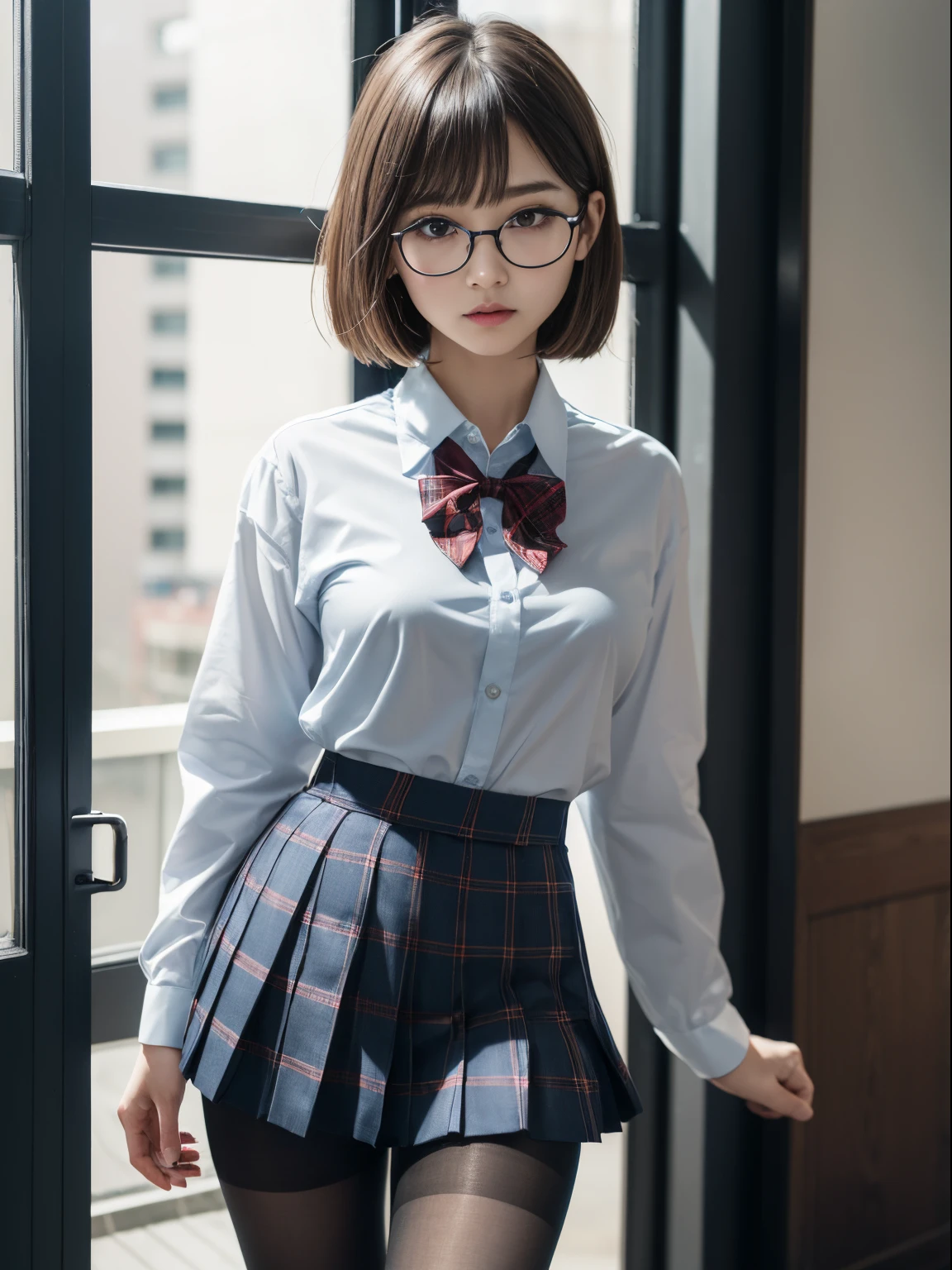 (((Long bob cut)))、(Underwear is visible)、((Narrow-eyed))、((Narrow-eyed))、((Narrow-eyed))、(8K、Raw photography、top-quality、masterpiece:1.2),、Has a small、(flat breast)、(flat breast)、(flat breast)、(flat breast)、(flat breast)、(being thin)、light skinned、skin whitening、Dark look、Rasping,glamor,Chromo-white skin,cocky,School,watching at viewers,Looking at the front,Muchimuchi,High-pitched clothing,Erotic,Pupils,de pele branca,kne,((Black pantyhose)),absurderes,a small face,,Forehead visible,Bangs hanging from the left and right sides of the forehead,(a cold expression,Tight eyes,glares,Bullish,irate)、masterpiece,top-quality、超A high resolution,Raw photo,ren,Beautiful fece,One Person, 独奏,eye glass,,Dark look,Small breasts,fullllbody,Round glasses,JK school uniform,hi-school girl,A Japanese Lady,is standing,(Photorealsitic:1.37)、Photon mapping,Realistic、Beautie,Cute little face,Brown-eyed、Black socks、(Red bow tie)、Radio City、Physically Based Rendering、depth of fields、Blurry background、a picture,Body,beauty legs, Long legs, Thin leg,(Bangs are visible), hair, s lips, Blue_The eye, nosesoft,(Light blue shirt), (Navy and blue and white plaid pleated skirt), Knees are visible,Sheer clothing,, Thigh, Black cotton socks,Nogizaka Idol, 女優, Japanese ido