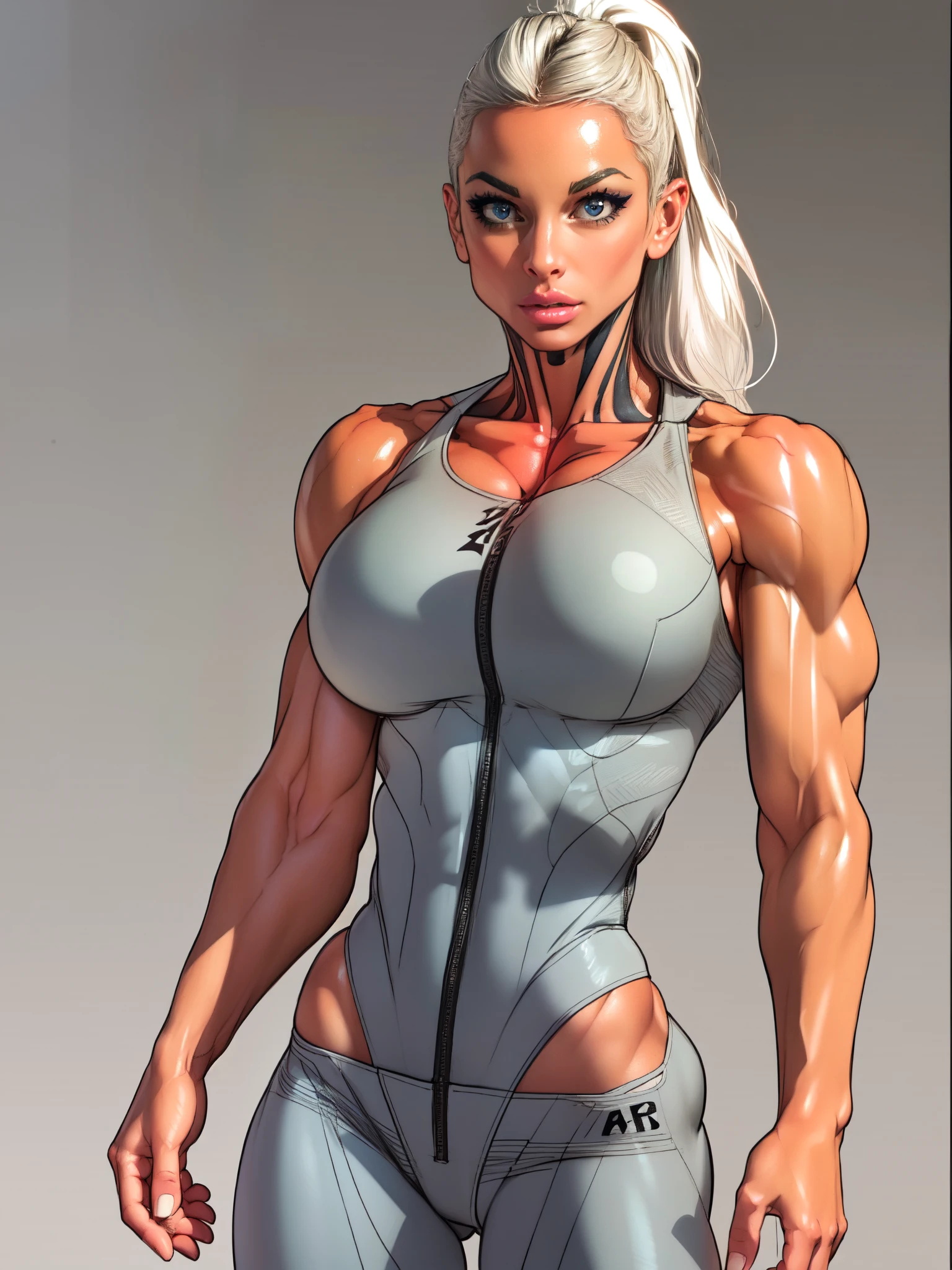 Drawing of platinum blonde katopunk female fitness model, toned body, feminine, huge upper body, torso shot, wide shoulders, veins, beautiful face, detailed eyes, perfect eyes, makeup, full lips, slim face, high cheekbones,(best quality, highres, ultra-detailed, realistic), muscular arms, defined abs, confident expression, ((light silver gray gymsuit)), lovely gaze, light colors, dynamic lighting, artwork, blank background