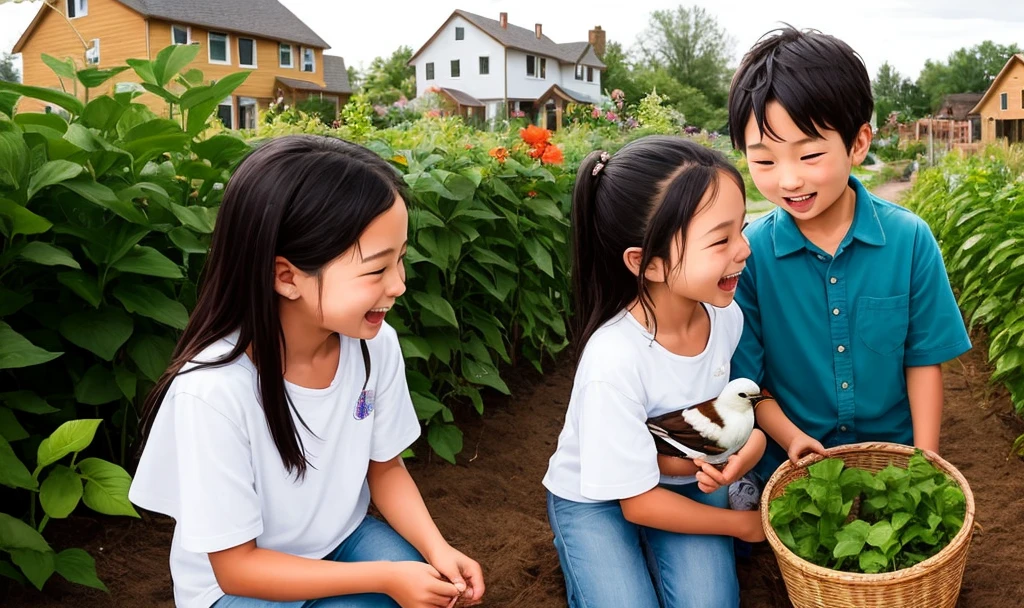 Prompt for Image Generation:
Illustrate a heartwarming scene from the story of Mia and Sam, the siblings from a poor family, tending to their flourishing garden. Capture the moment as they delicately nurse a wounded bird back to health, showcasing their compassion and determination. Emphasize the transformation of their once humble backyard into a vibrant and thriving garden that symbolizes hope and community support. Convey the joy on Mia and Sam's faces as they share the bountiful harvest with their neighbors, portraying the positive ripple effect of their small acts of kindness on the entire village.