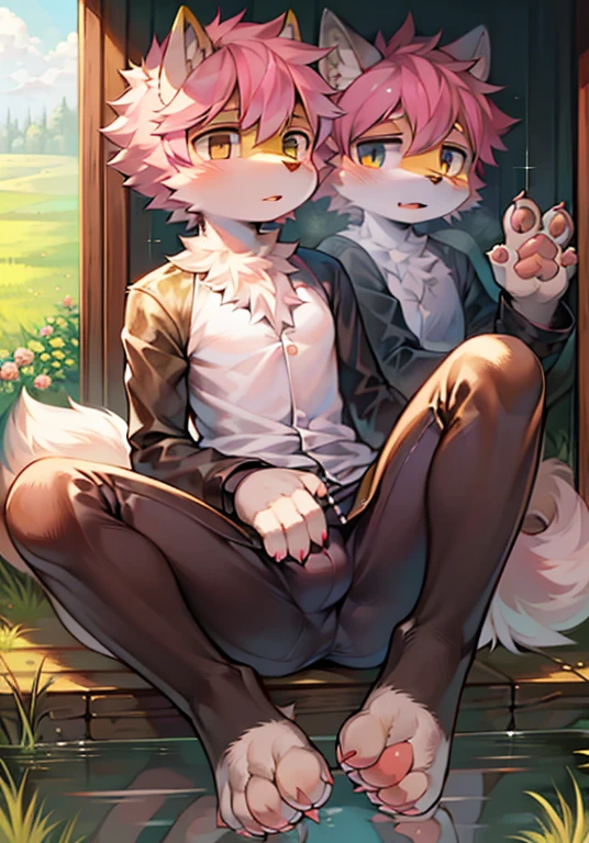 (masterpiece: 1.2), (anatomically correct: 1.1), high quality: 1.3, ((solo male anthropomorphic))) kemono furry_transformation wolf fursona, 1 wolf boy, silver fur, grass gray eyes, (yellow nose), white hands paws, white feet, dog hands, (dog foot detail: 1.2), 4 toes, black bean, detail bean, ((1boy)), [digital painting\(artwork):: 0.8], boy, (solo: 1.3), 4 toes, canine foot, reflection, reflection, (motion lines:1.1), sheer white panties, pale pink hair, short hair, nsfw, kemono, shota, solo, out, single fluffy tail
