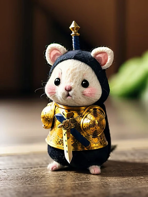 A Hamster, a cute hamster warrior with a sword, medieval armor, mountains for background, blurry background, Wool felt, chibi