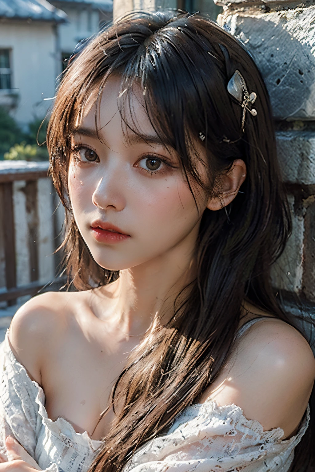 Best Quality,Masterpiece,extra high resolution,(Photorealistic:1.4),RAW photo,(Authentic skin texture:1.3),(Film grain:1.3),the panorama,Character portrait,Very broad plan,Narrow waist,Cowboy shot,(around dark, deep shadow, Low key, Cold light,) night time,a closeup of a,streaming tears,
potted,Dust,Tyndall effect,Sad,disappointed,gloom (expression),sitting,(Against a wall),crying,frown,(Sklonennaya head),nervous,tearing up,Lonely,
1girl,Beautiful detailed eyes and face,White jabot,off-shoulder,Brown eyes,