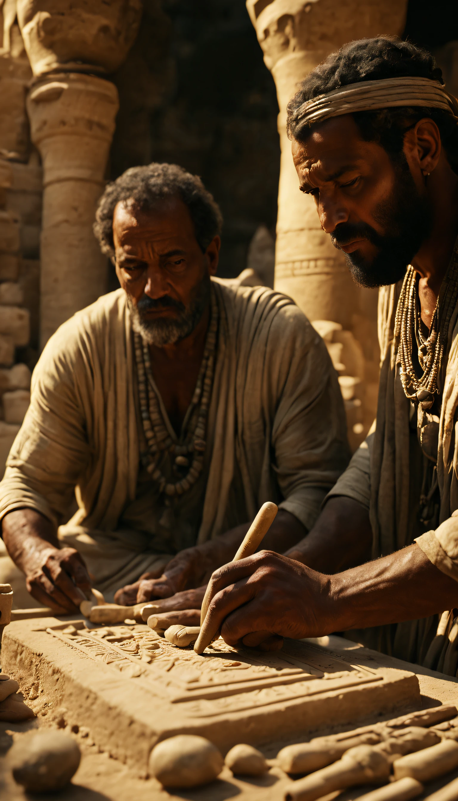 Cinematic depiction of Egyptian tribal craftsmen making drawing tools from stone and bone, with a focus on carving and shaping details, with backgrounds enhancing historical context, realistic 4K cinematic rendering, using shadows for depth