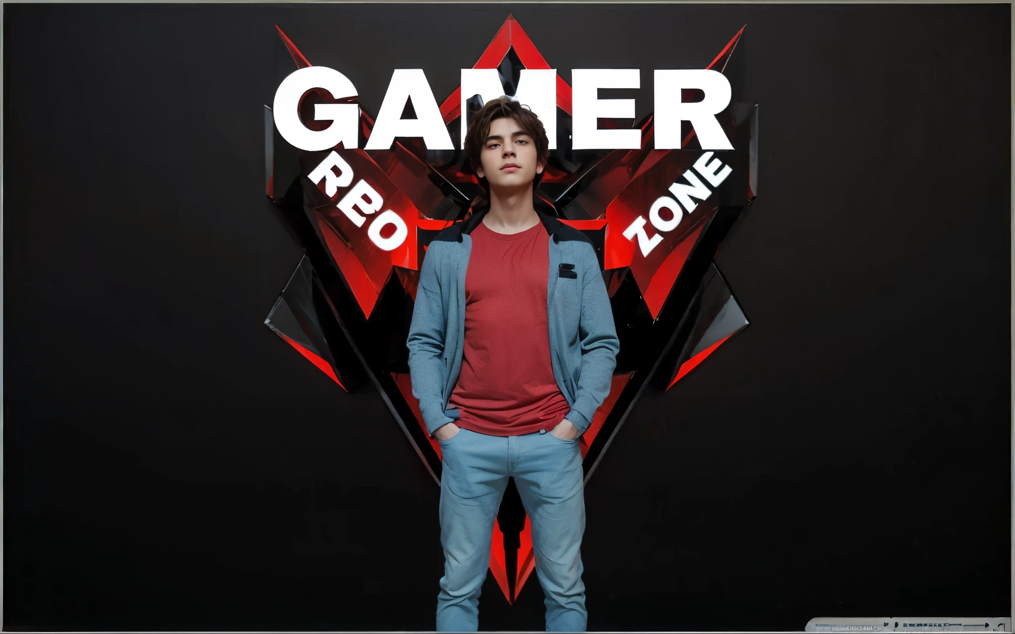 Cute boy, black suit red t-shirt match with text, realistic background, super detailing, sharp