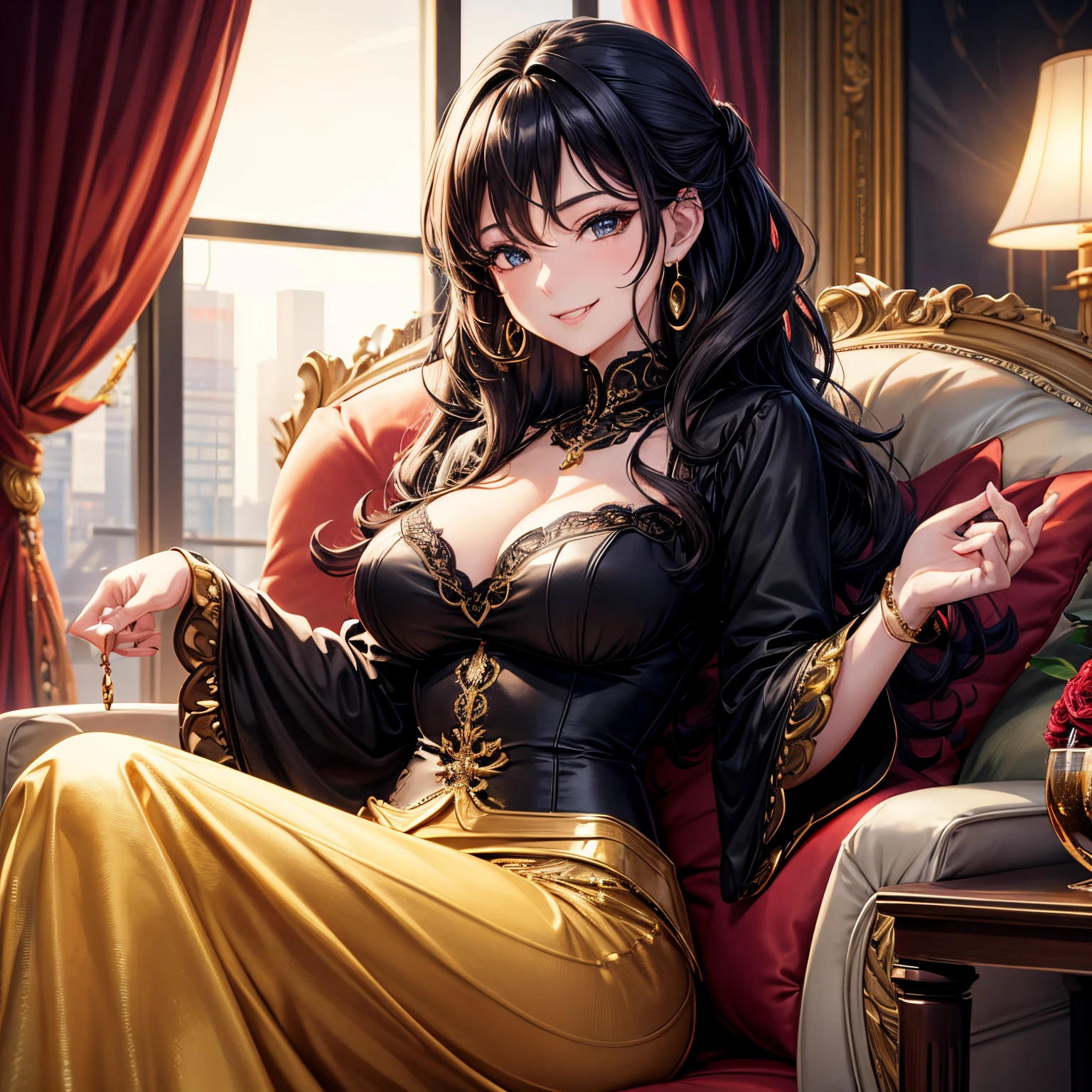 ultra detailed,8k, [ 4k digital art ]!!,degital anime art style,beautiful mature woman sitting on sofa luxury and sophisticated hotel,licking,warm lighting,black wavy hair,happy smile,face focus,gold earrings,elegant fashion,blouse,long skirt,face focus,