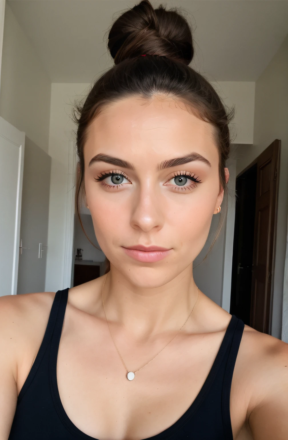 Photo Instagram, Photo de visage en gros plan d'une jeune English, tanktop, beau visage, Makeup, tache de rousseur, hair tied up, pas de flux d'background