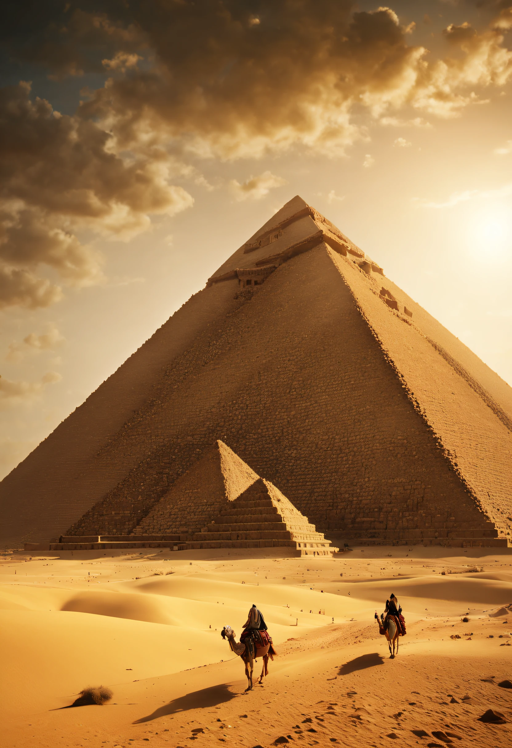 Ancient Egyptian pyramids cinematic ancient Egyptian tribe, surrounded by ancient Egyptian city with dramatic lighting, desert, emphasizes craftsmanship and cultural significance, Realistic 4K cinematic rendering, utilizes shadows for depth