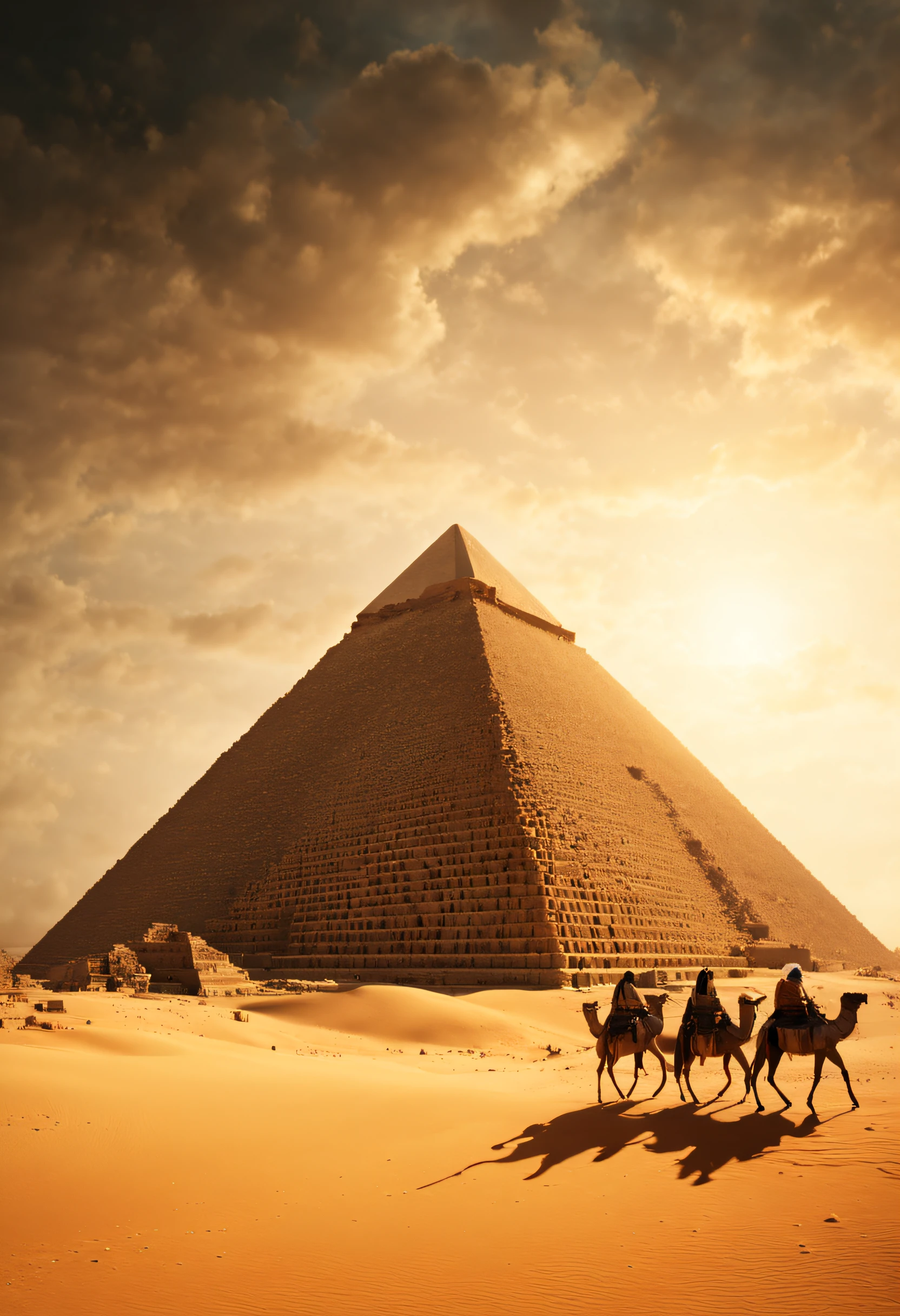Ancient Egyptian pyramids cinematic ancient Egyptian tribe, surrounded by ancient Egyptian city with dramatic lighting, desert, emphasizes craftsmanship and cultural significance, Realistic 4K cinematic rendering, utilizes shadows for depth