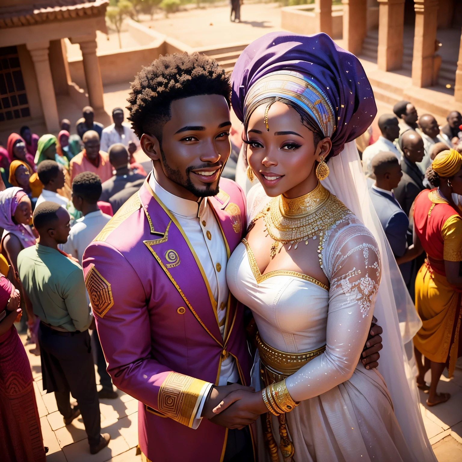 High angle shot of a Happy African man marrying African woman both wearing African designed clothes, marriage ceremony outside an African designed temple, surrounded by celebrating congregation all in african designed clothes, confetti in the air, moon and stars shining, with iridescent light, photorealistic image, 32k, ultra HD, cinematic lighting, artgerm style,