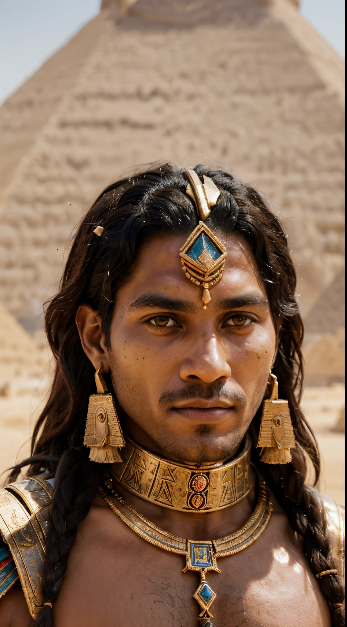 A brown man, an ancient Numidian warrior, wearing a helmet and having an injured cheek